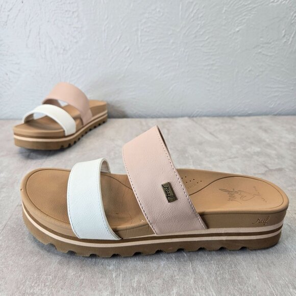 Reef Horizon Platform Sandals 9 White Pink Open Toe Arch Support Chunky Slides - Picture 1 of 12